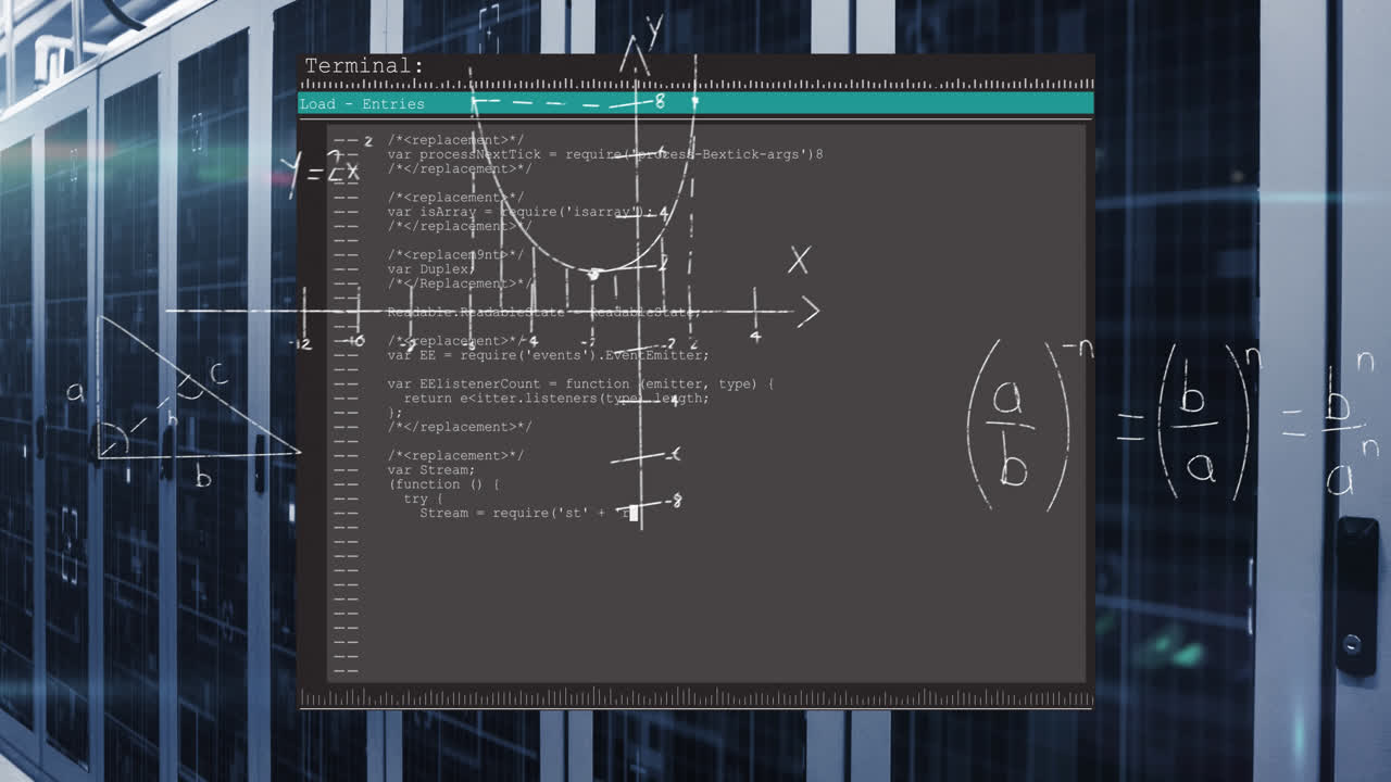 animazione di equazioni matematiche e elaborazione dei dati sulla sala server