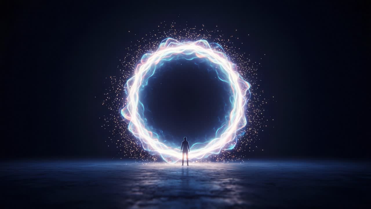 A Journey Through Energetic Portals: Exploring Transformative Imagery of a Figure Experiencing Electric and Golden Circular Energy Fields