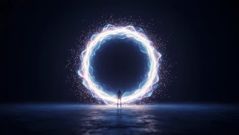A Journey Through Energetic Portals: Exploring Transformative Imagery of a Figure Experiencing Electric and Golden Circular Energy Fields