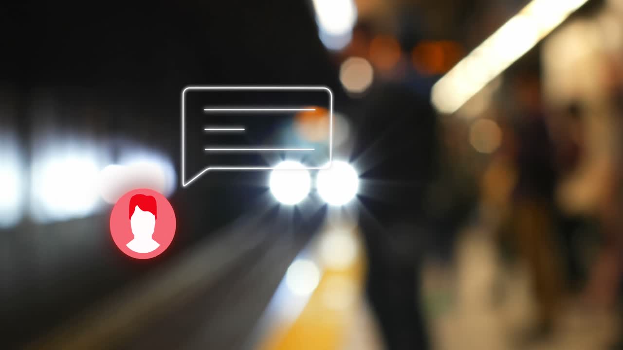 animación del perfil de neón y el icono del mensaje contra un tren que llega a una estación
