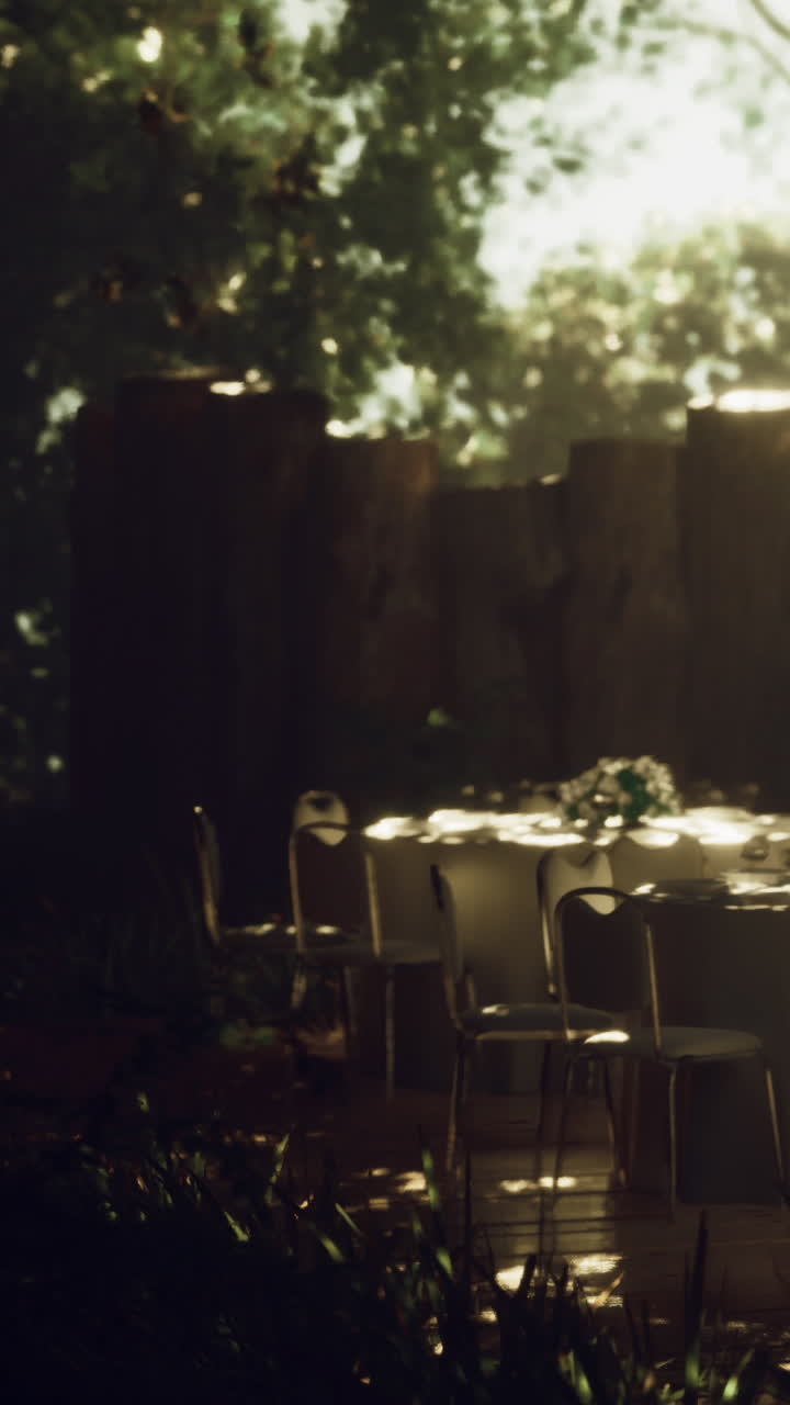 Allestimento per pranzo all'aperto sotto gli alberi con la luce del sole che filtra.