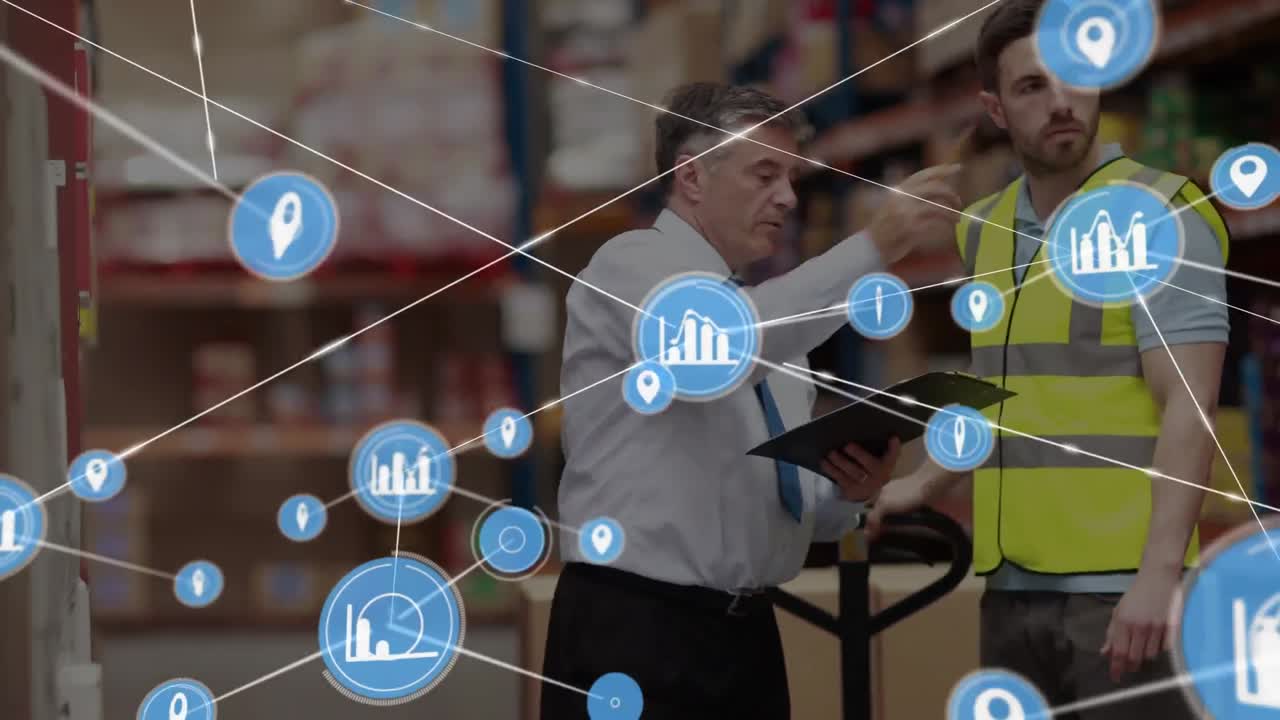 анимация сети соединений с иконами над различными работниками на складе