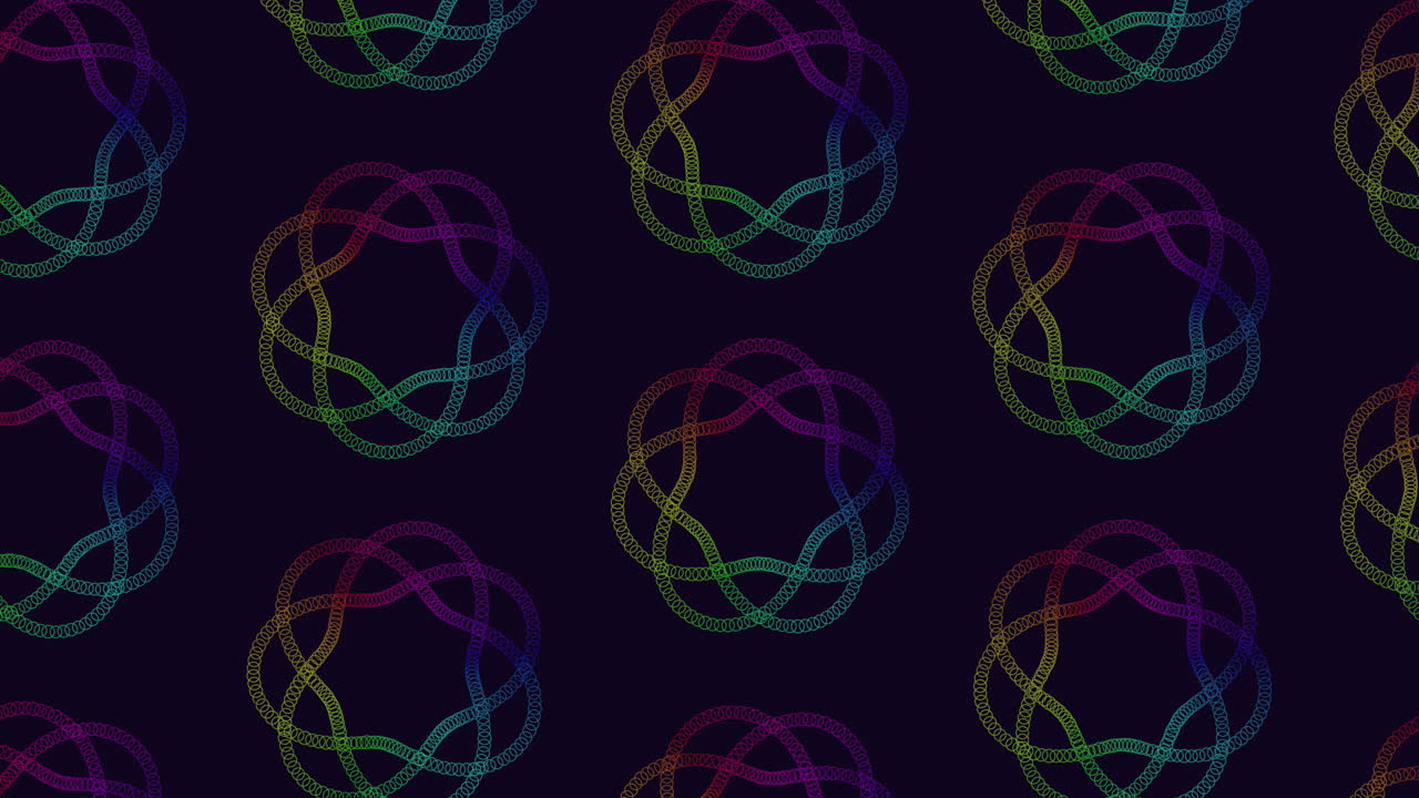 Vivid and dynamic swirling lines in various colors on a black backdrop form an energetic and vibrant pattern, creating a captivating and playful design