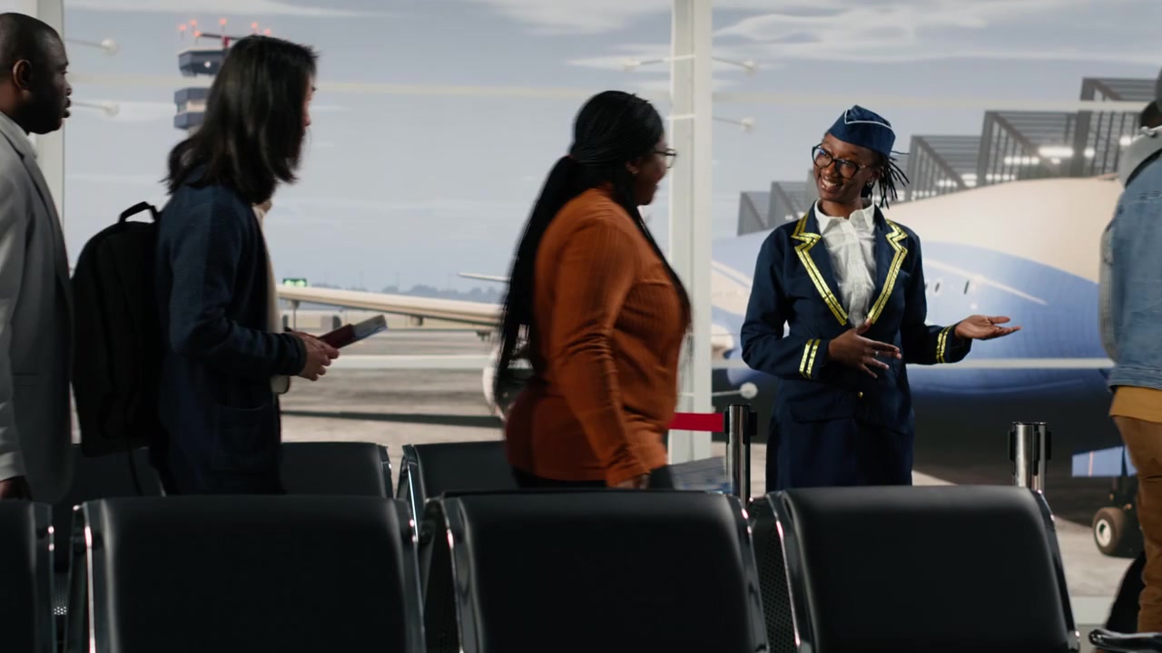 Smiling gate agent talking with tourists in airport, giving flight announcement