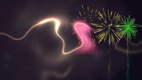 animación de fuegos artificiales sobre fondo negro con luces rosadas y amarillas
