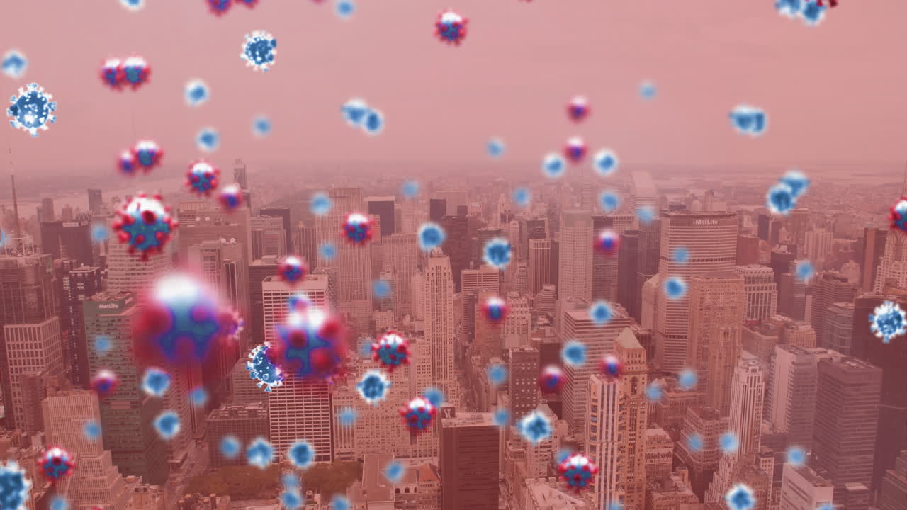 ⁇ 은 배경에 도시 풍경 위에 떠다니는 코로나 19 세포의 애니메이션