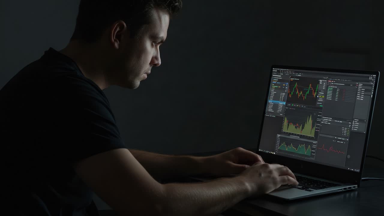 Focused Individual Analyzing Data Trends on Laptop Screen with Advanced Charting Tools in a Dimly Lit Environment for Financial Insights