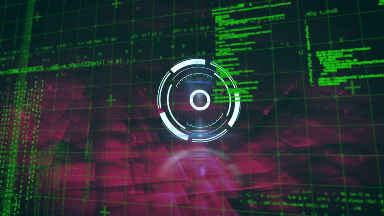 animación digital del escáner redondo de neón contra el procesamiento de datos en fondo rosa