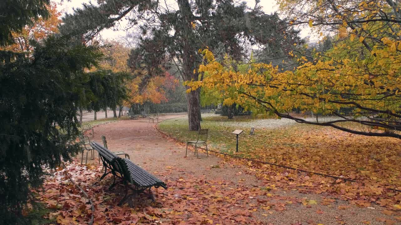 Beautiful garden shot of the Jardin du Luxembourg in snowy winter in Paris