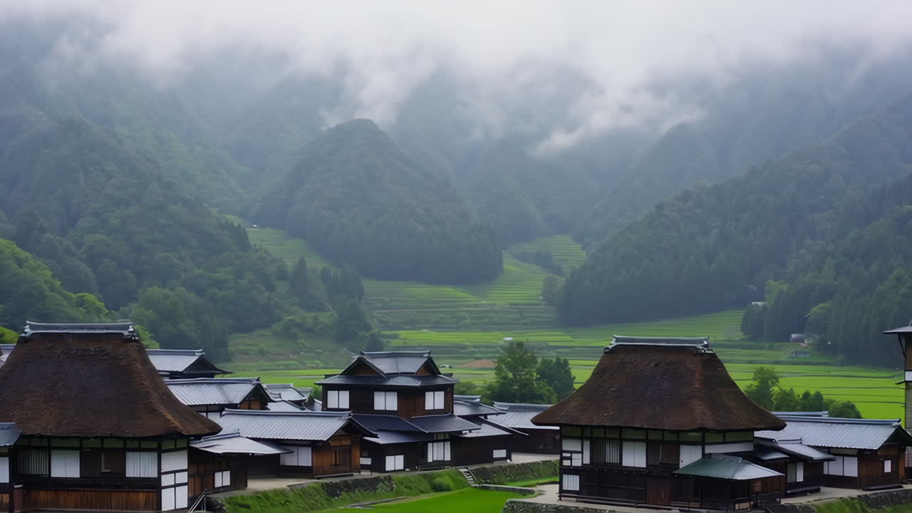 Japanese Mountain Village with Rice Terraces