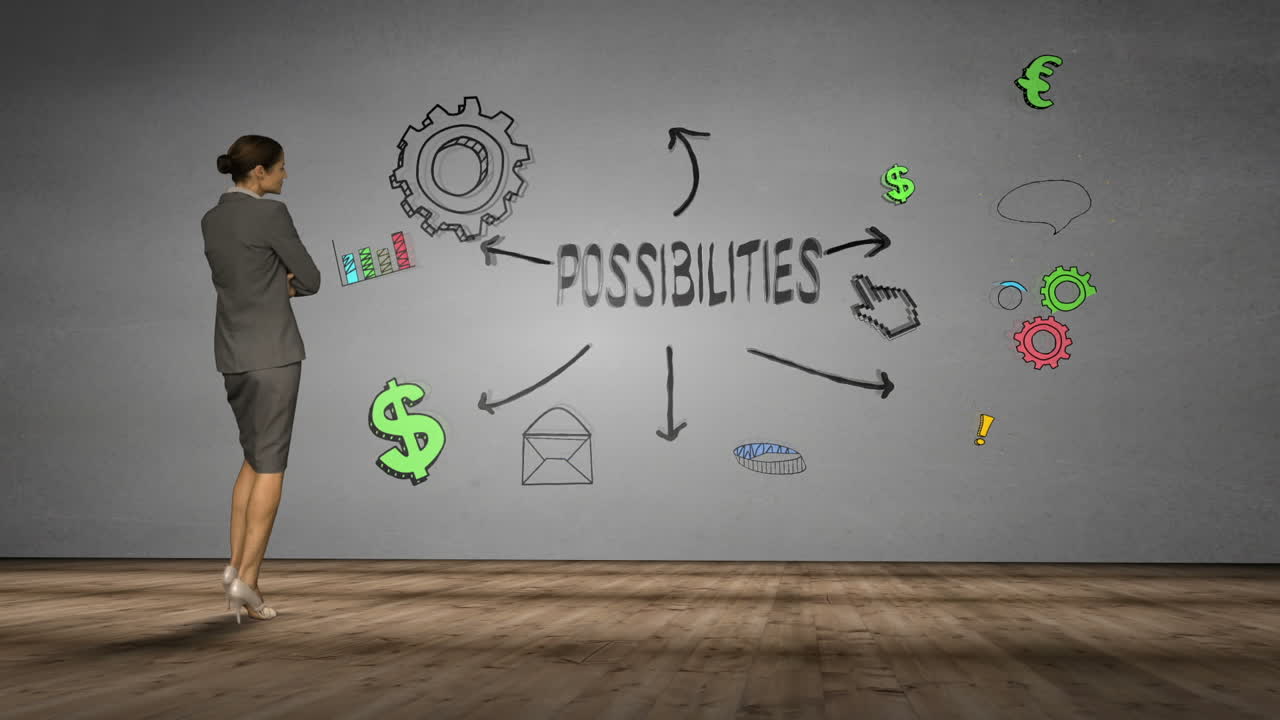 mujer de negocios mirando a la pared con posibilidades de tormenta de ideas