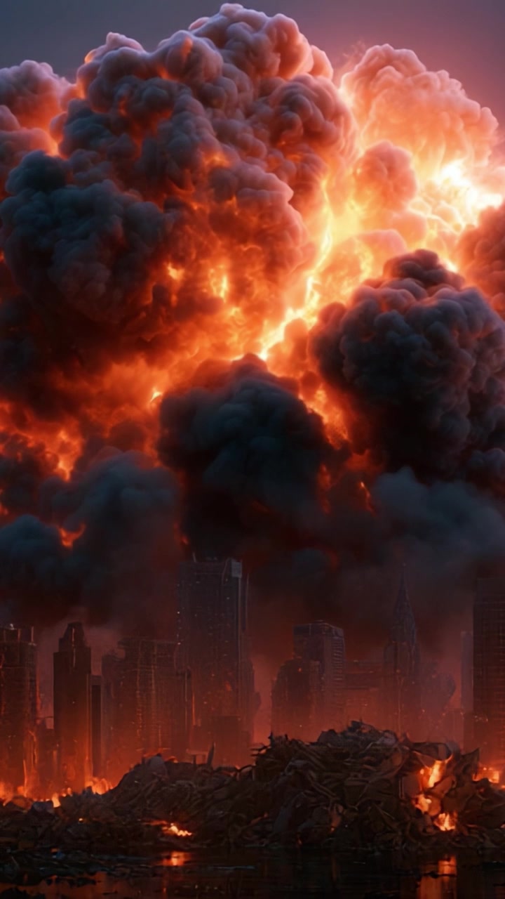 Esplosione Drammatica su un Paesaggio Urbano: Un'Eruzione Infuocata Che Accende lo Skyline della Città Tra Pennacchi di Fumo e Cenere in una Scena di Bellezza Inquietante.