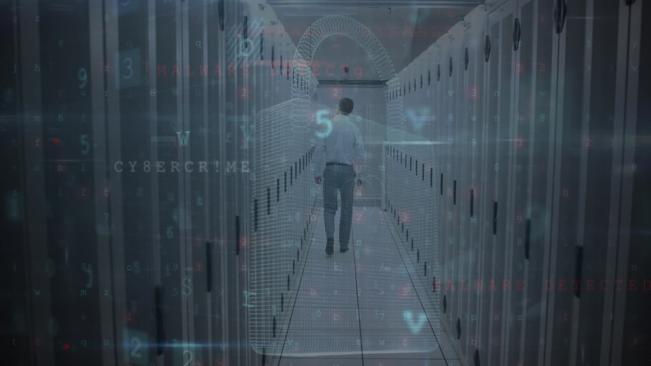 서버 에 있는 백인 남성 위에 사이버 공격 경고와 락의 애니메이션