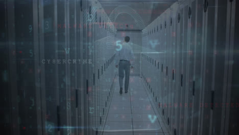animation of cyber attack warning and padlock over caucasian man in server room