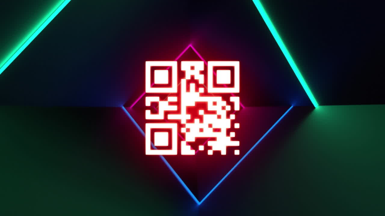 Digital animation of glowing neon pink qr code over glowing neon colorful tunnel on black background