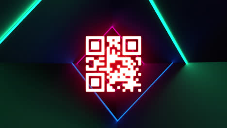 Animación-Digital-De-Un-Código-Qr-De-Color-Rosa-Neón-Brillante-Sobre-Un-Túnel-Colorido-De-Neón-Brillante-Sobre-Fondo-Negro