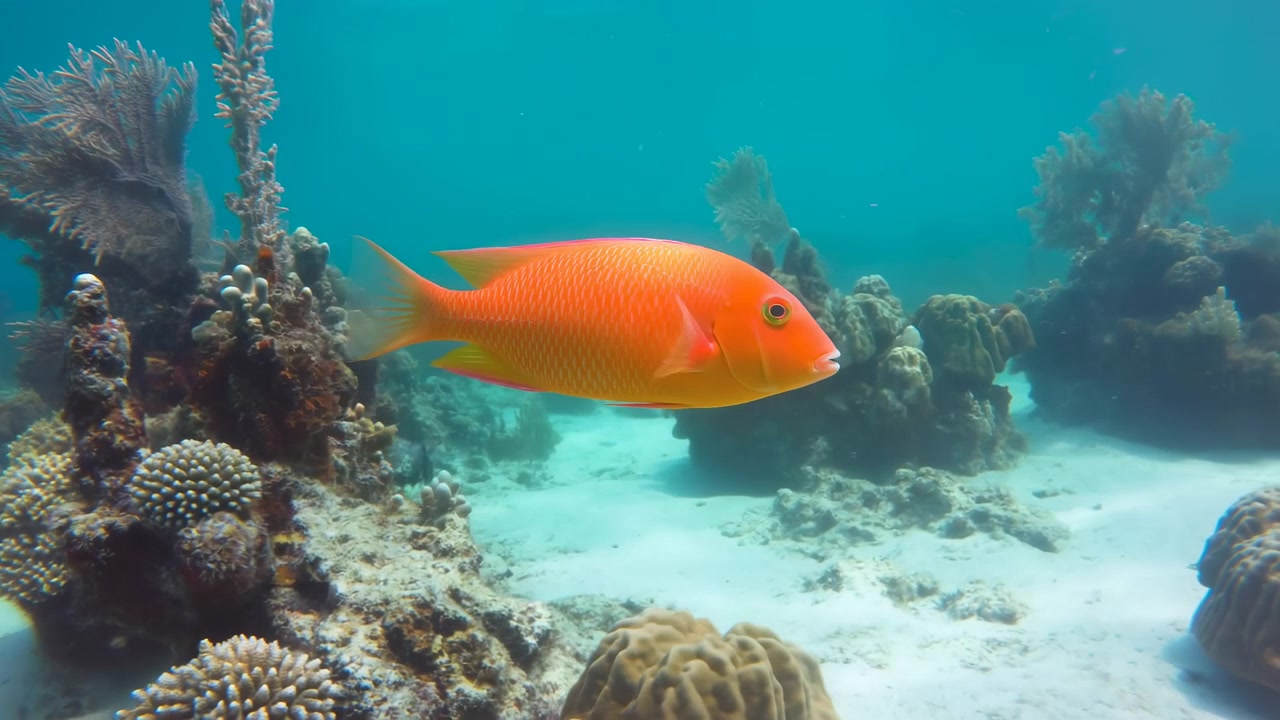 Pesce arancione che nuota, in barriera corallina sottomarina, con formazioni coralline, sabbia, con corallo roccioso, texture fondale sabbioso, da una prospettiva laterale, con accenti blu, arancioni e un'atmosfera calma e serena