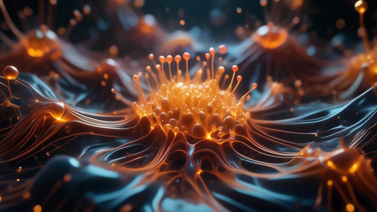 Abstract Microscopic Biological Structures Pulsing with Glowing Orange Light