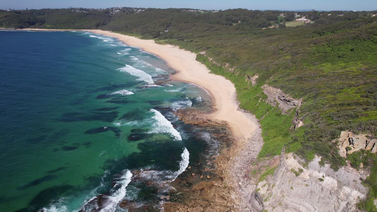 Dudley Beach And Little Redhead Cliff Top Walk In New South Wales, Australia - Drone Shot