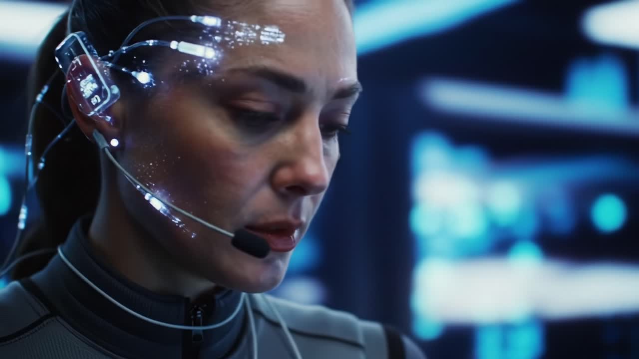 Woman using futuristic headset in a high-tech environment