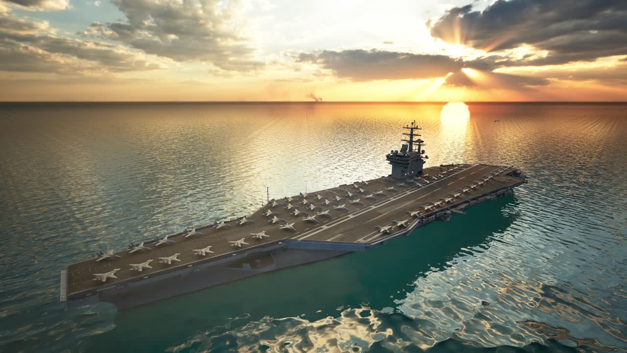 Aircraft Carrier Warship Battleship In The Ocean Navy, Sunset Time