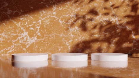 white podiums on orange marble background with leaf shadows