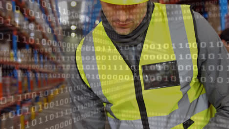 animation of data processing over man working in warehouse