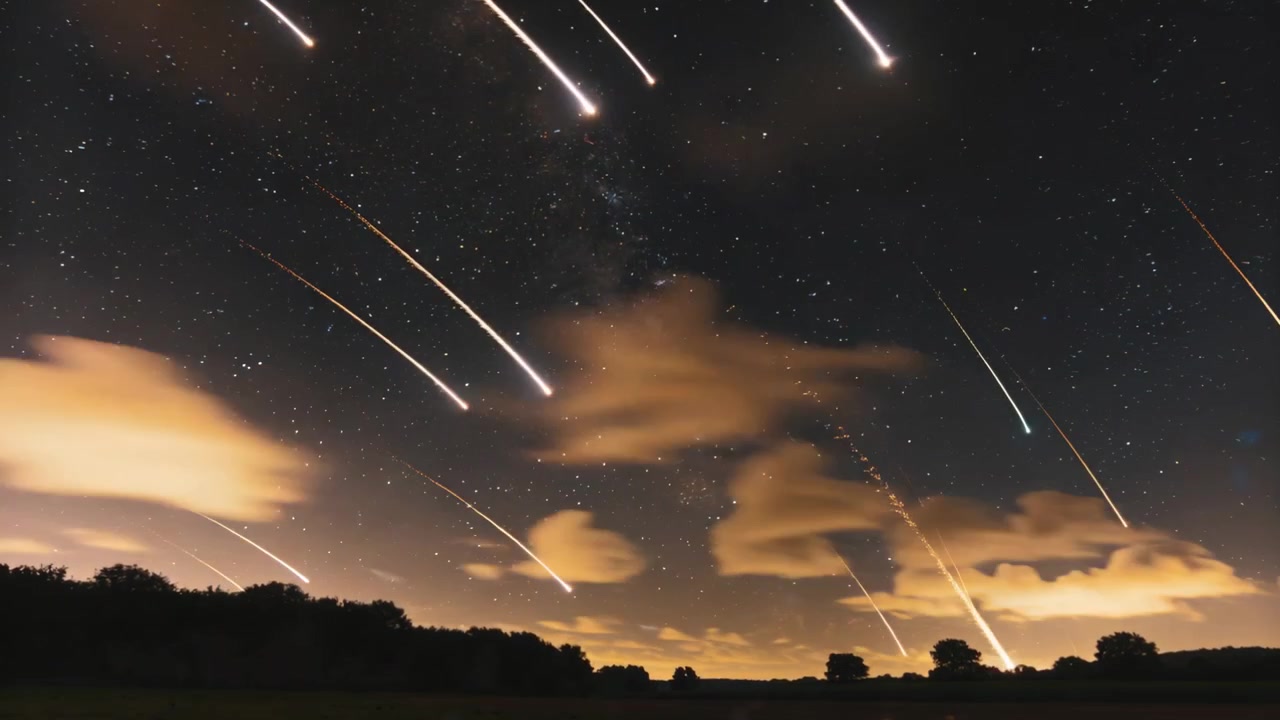 Registrerer meteorsverm som sender lyse ildkuler susende over en landlig horisont, med glødende skyer.