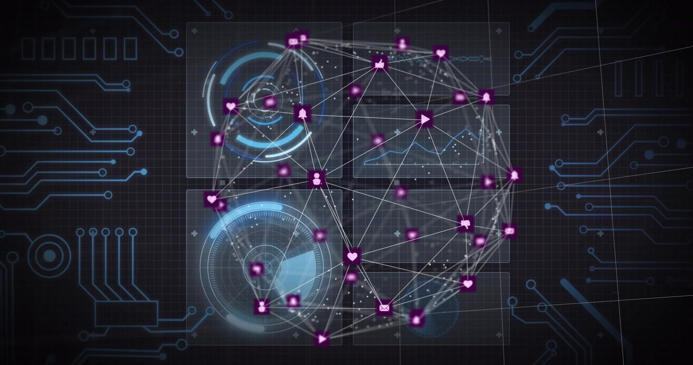 Rotating HUD rings starting network sphere, magenta nodes glowing, lines forming, showing network