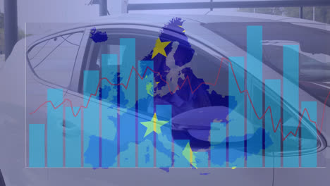 animation of europe and eu flag over caucasian woman getting in car and data processing