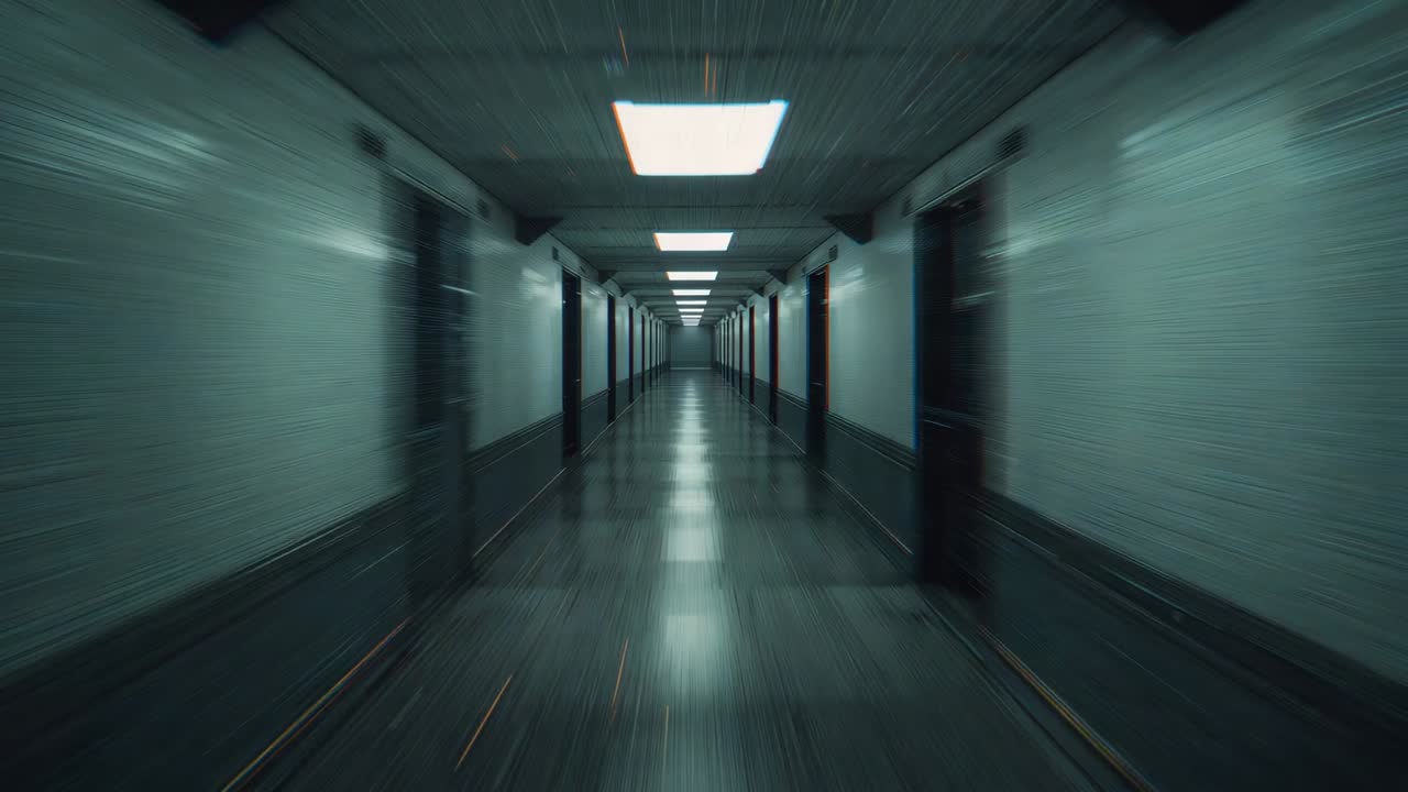 Pushing camera operator centering and emphasizing depth in corridor, showing doors and lights