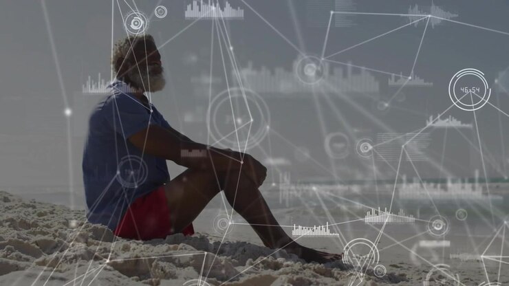 Senior man sitting shore, camera closing and starting HUD nodes growing over body, analyzing tech