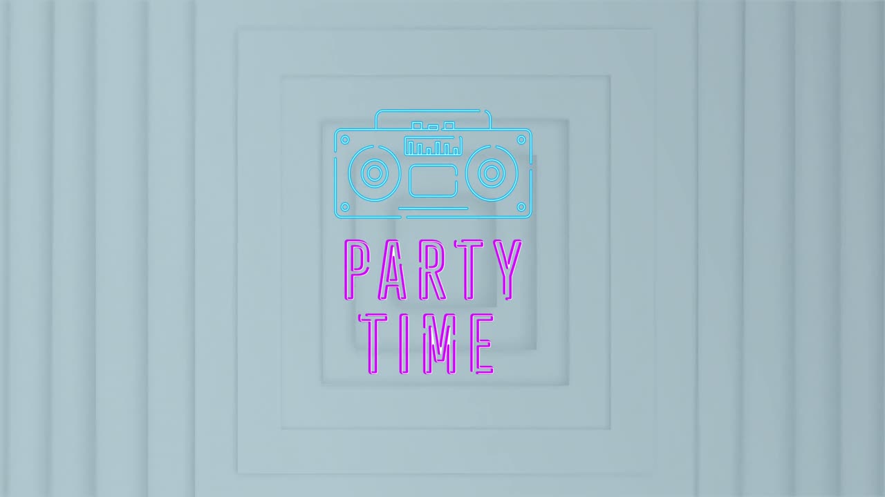 animación del texto de la fiesta y el icono de la radio sobre cuadrados blancos