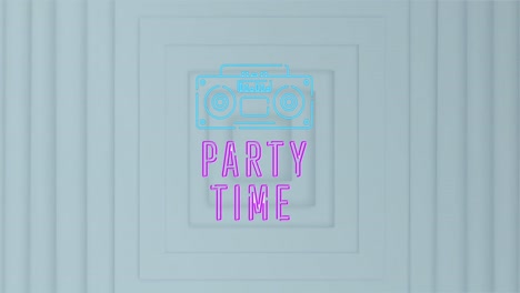 Animation-of-party-time-text-and-radio-icon-over-white-squares