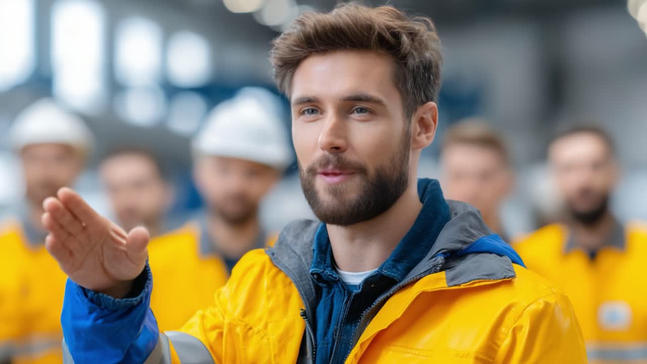 Confident Professional Leading Team Discussion in Safety Gear Within Industrial Environment, Engaging Colleagues with Charismatic Presentation Style and Positive Energy