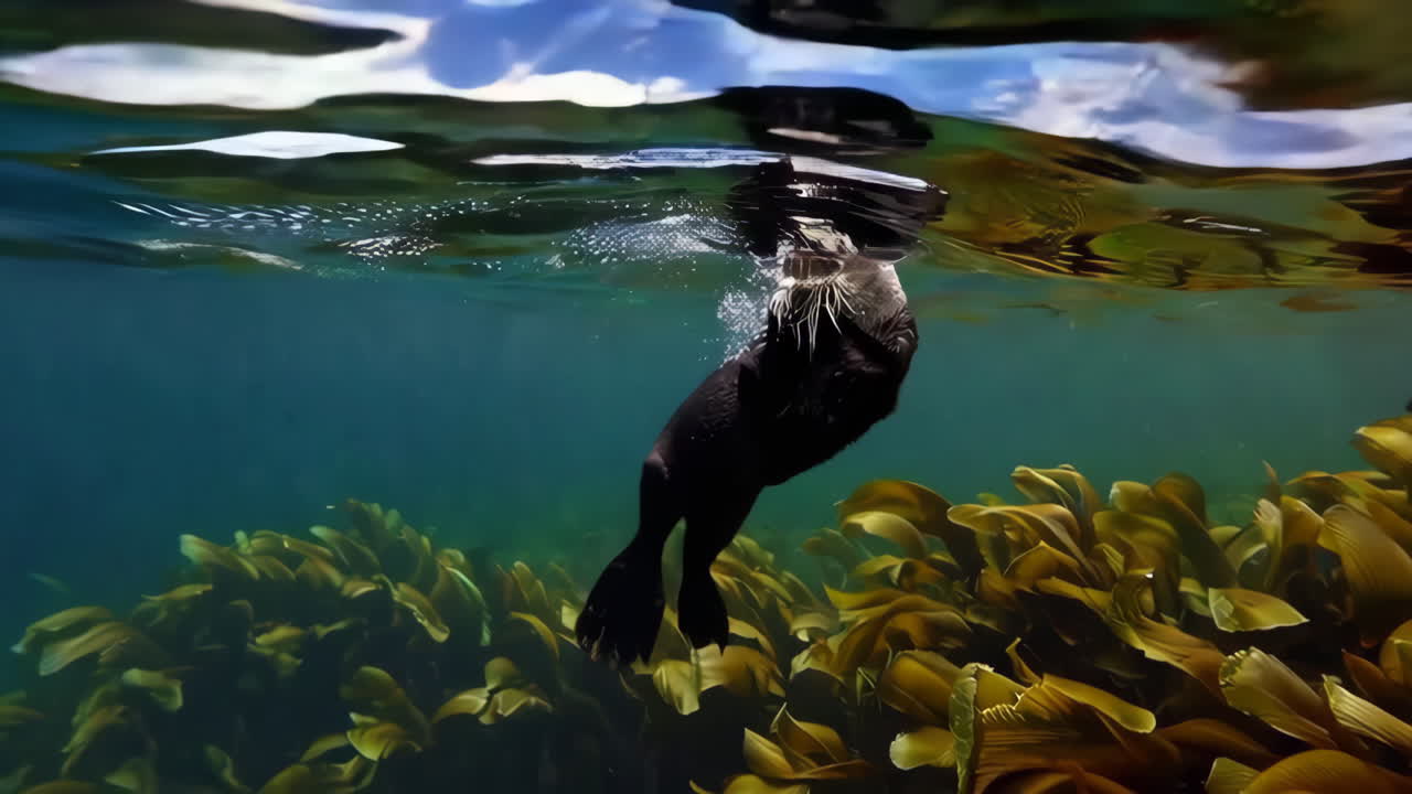 Sea Otter Underwater in Kelp Forest