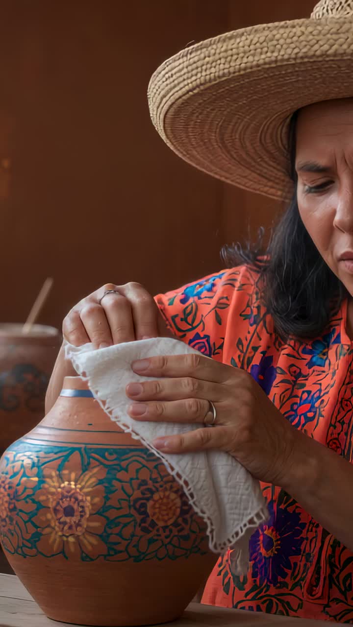 Vertical video: Placing white rag, artisan steadying, cleaning painted pot at studio with straw hat