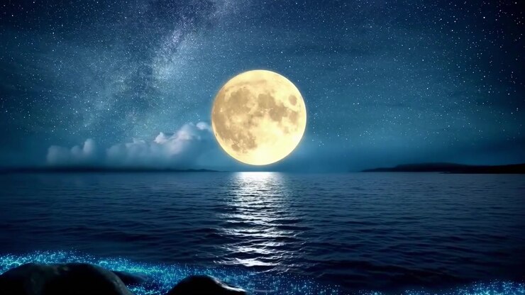Lua Cheia Brilhando Sobre o Oceano Calmo à Noite