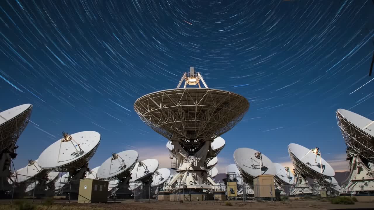 A Stunning Perspective of Satellite Dishes Capturing the Cosmic Dance of Stars in a Starry Night Sky - An Exquisite Fusion of Technology and Nature