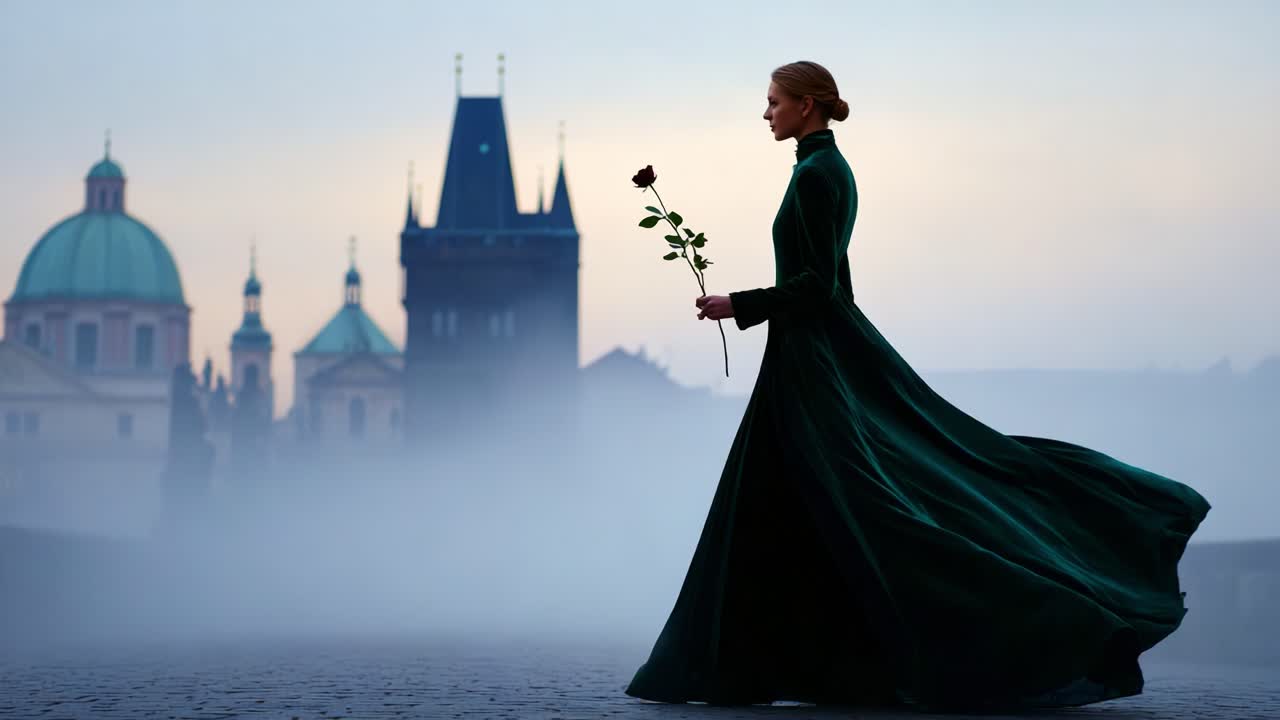 Elegant silhouette of a woman in a flowing green dress, holding a rose while walking through a misty landscape, creating a mysterious and enchanting atmosphere against historical architecture