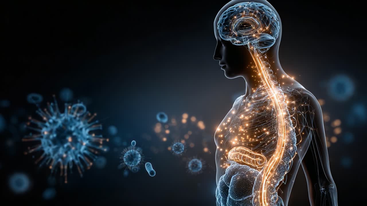 An Illustration of the Human Body's Vital Systems: Highlighting the Brain, Nervous System, and Immune Response Against Microbial Threats