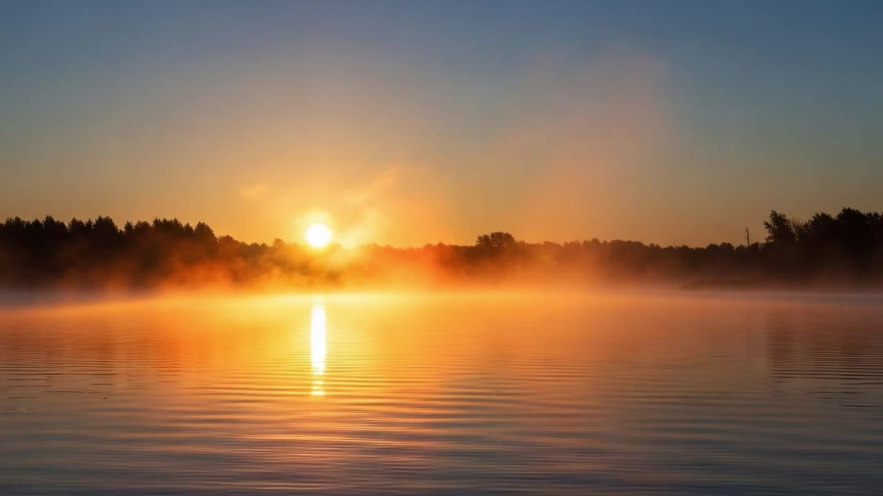 Radiant Morning: A Stunning Sunrise Over Reflective Water Surrounded by Misty Trees and Calm Waves, Capturing the Tranquility of Nature at Dawn