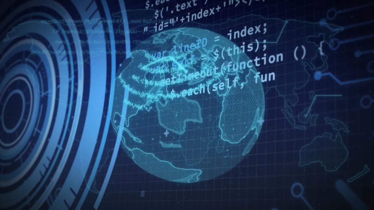 Animation of digital globe with data streams on dark grid background