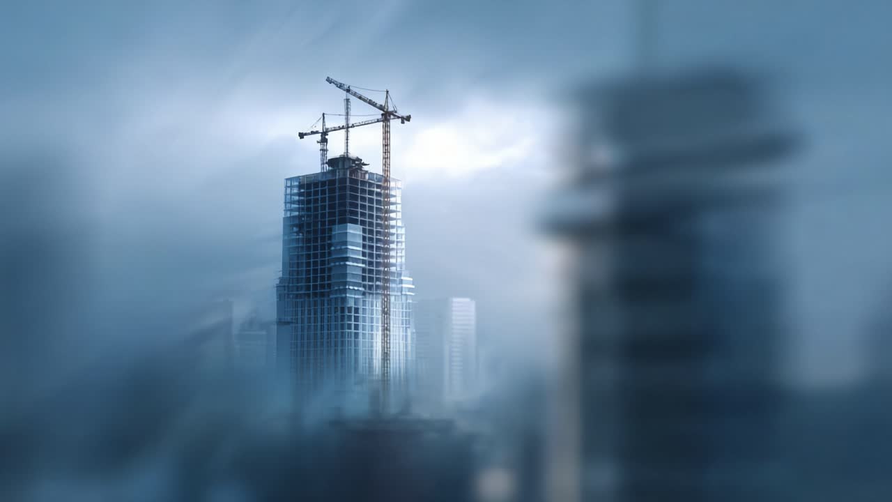 A Majestic Urban Skyline Under Construction with Cranes and Shimmering Glass Facades Surrounded by Dramatic Clouds and Soft Light Enhancing the Cityscape