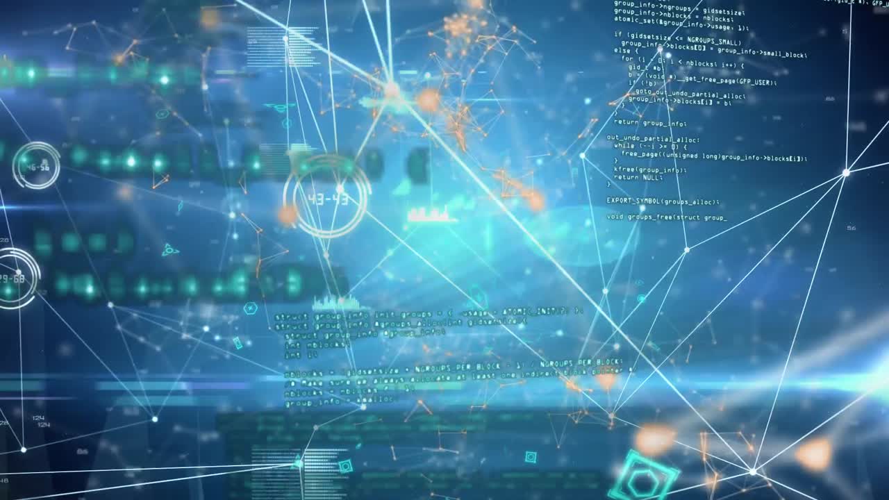 파란색 배경에 연결 네트워크와 데이터 처리의 애니메이션