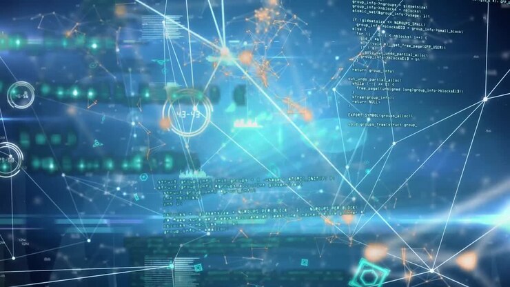 Animation of network of connections and data processing on blue background