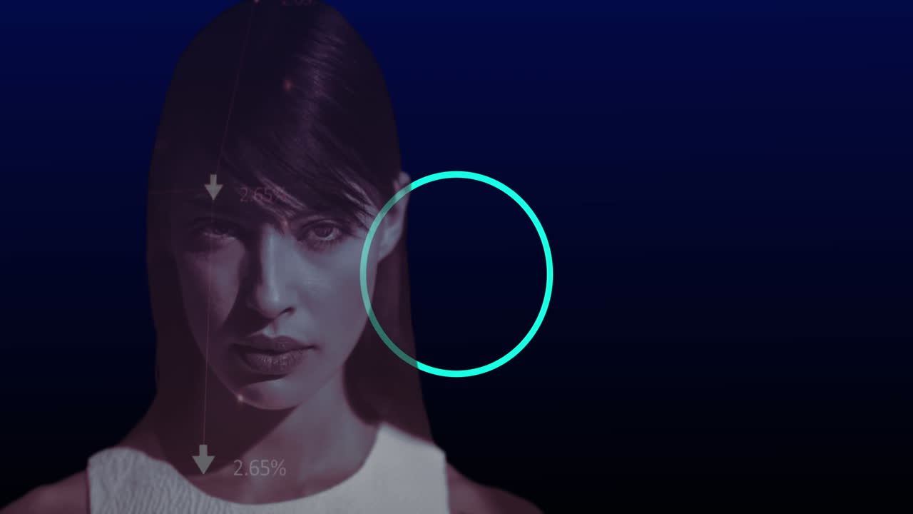 파란색 배경 에 빛나는 원 에 대항 한 여자 의 초상화