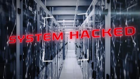 animation of scope scanning over system hacked text, network of connections against server room