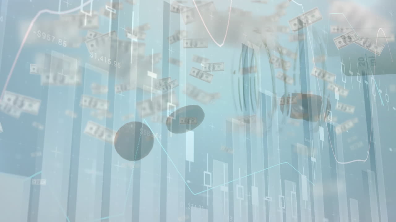 상자에서 떨어지는 알약 위에 떠다니는 다이어그램과 지폐의 애니메이션