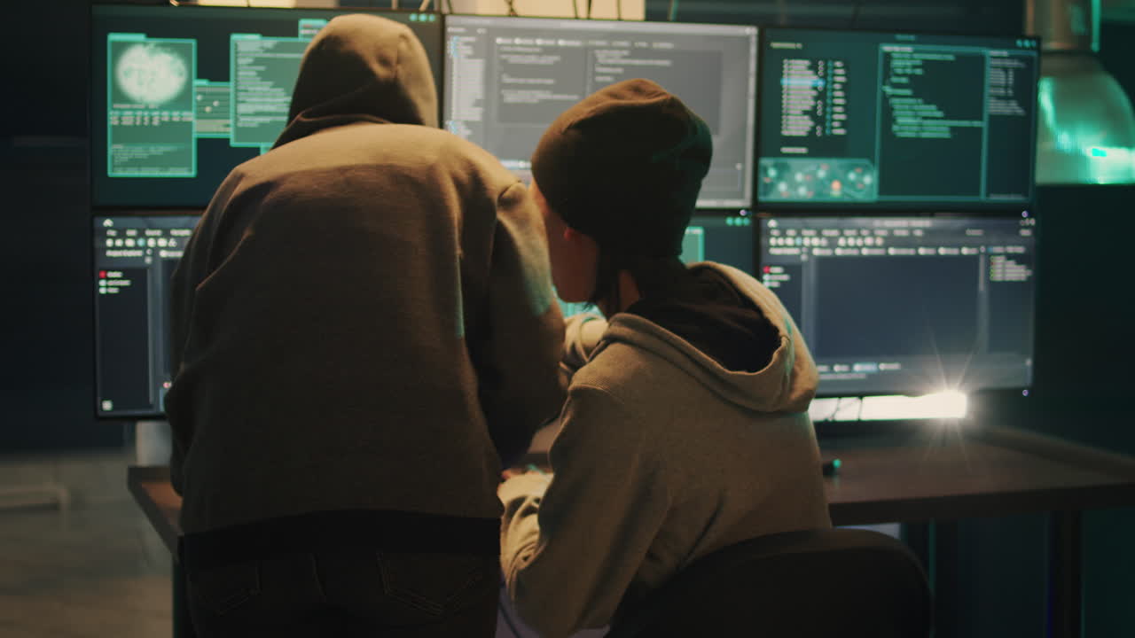 Hackers coding on multiple screens